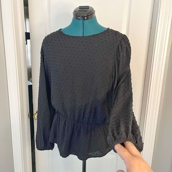 GAP Crew Neck Polka Dot Textured Long Sleeve Lined Peplum True Black Blouse - Picture 4 of 13